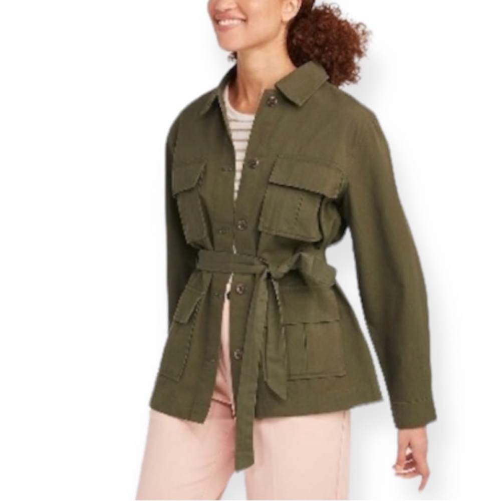 A New Day Button Down Belted Utility Jacket in Olive Green